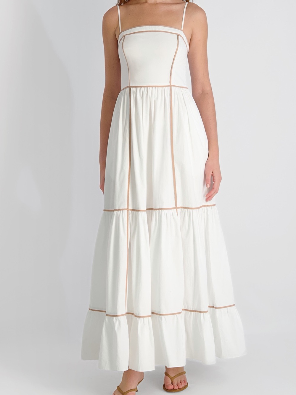 Trixxi White Maxi Dress with Tan Piping